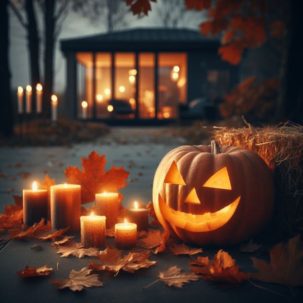 Halloween-dekorerad trädgård med en lysande utsnidad pumpa, tjocka stearinljus, outskurna pumpor och en höbal. Löv i höstfärger strödda runt om. Ett modernt minimalistiskt uterum skymtar i bakgrunden. | Mekoflex